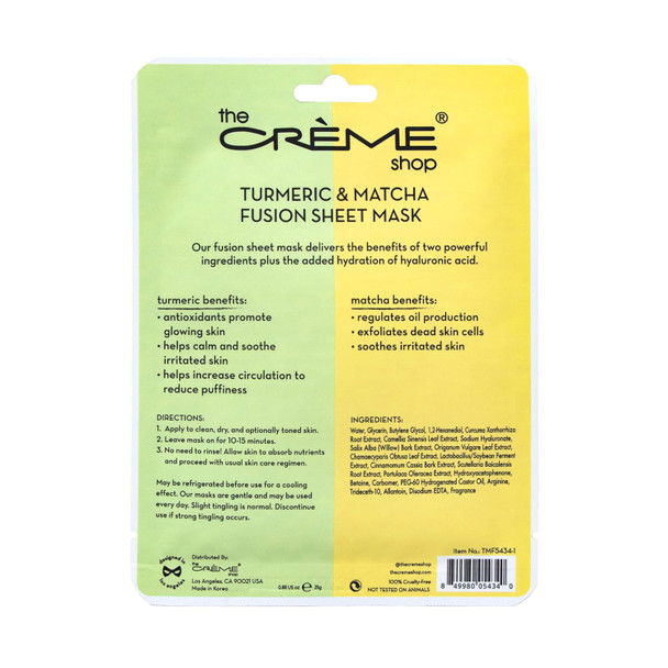 The Creme Shop Natural Essence Fusion Face Mask - Korean Facial Skin Care And Moisturizer - Turmeric & Matcha 5 Sheets Set