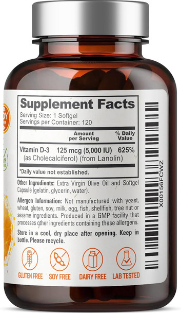 Vitamin D3 5000 Iu Softgels 120 Count (125Mcg) - Vitamin D-3 High-Potency In Extra Virgin Olive Oil Non-Gmo Soy For Men And Women - Vit 3D Supplement Supports Strong Bones & Immune Health