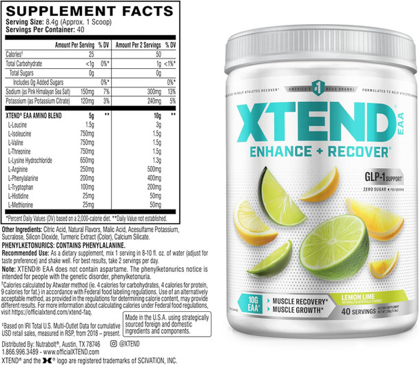 Scivation XTEND EAA + BCAA Powder | Muscle Recovery & Lean Muscle Growth | 9 Essential Amino Acids for Intra Workout or Post Workout Recovery | 10g EAAs Per 2 Servings | Lemon Lime 40 Servings