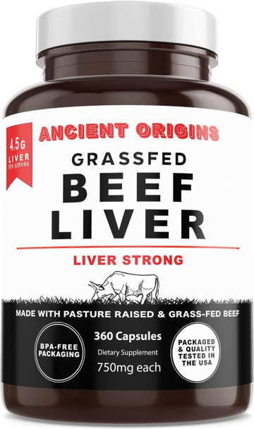 Ancient Origins Grass Fed Beef Liver Capsules, Supports Energy Production, Cleansing, Digestion, Immunity and Full Body Wellness, Non GMO, Freeze Dried Liver Support Supplement, 360 Capsules