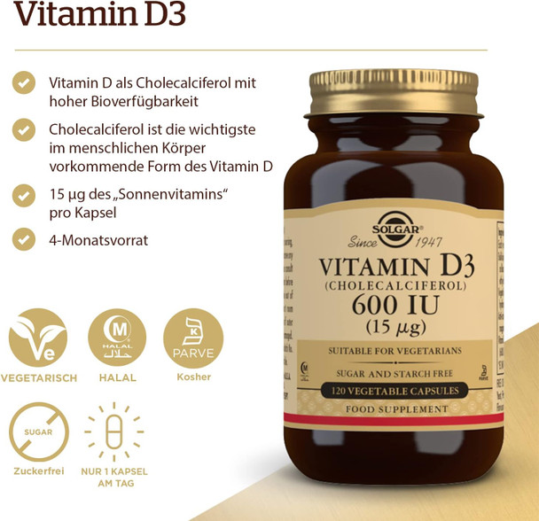 Solgar Vitamin D3 (Cholecalciferol) 600 IU (15 µg) Vegetable Capsules - Pack of 120