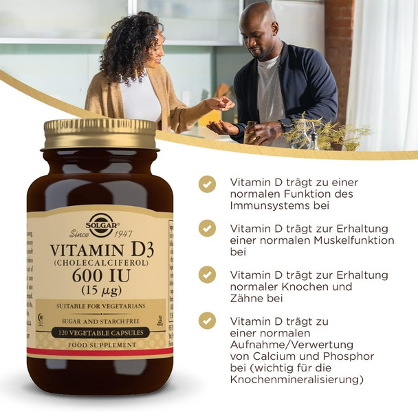 Solgar Vitamin D3 (Cholecalciferol) 600 IU (15 µg) Vegetable Capsules - Pack of 120