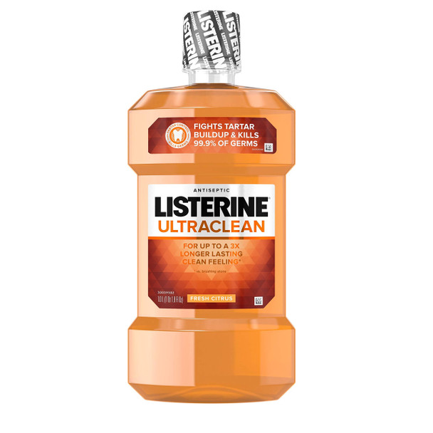 Listerine Ultraclean Oral Care Antiseptic Mouthwash to Help Fight Bad Breath Germs, Gingivitis, Plaque and Tartar, Oral Rinse for Healthy Gums & Fresh Breath, Fresh Citrus Flavor, 1 L