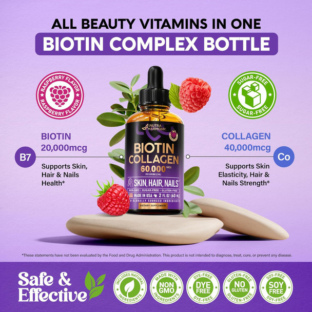 Liquid Biotin & Collagen - Vitamins For Hair Growth Support For Women & Men - Extra Strength 60000 Mcg Drops - B7 Supplement - Strong Nails & Healthy Skin - 98% Faster Absorption Than Pills