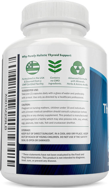 Purely Holistic Thyroid Support Supplement With Iodine - 120 Capsules - 2 Month Supply - With L-Tyrosine, B12, Magnesium, Ashwagandha, Kelp & More - Formulated For Women - Non Gmo