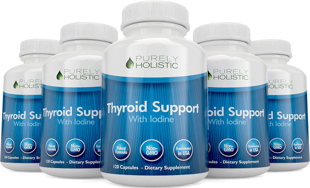 Purely Holistic Thyroid Support Supplement With Iodine - 120 Capsules - 2 Month Supply - With L-Tyrosine, B12, Magnesium, Ashwagandha, Kelp & More - Formulated For Women - Non Gmo