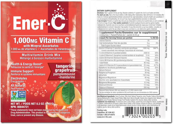 Ener-C Tangerine Grapefruit Multivitamin Drink Mix Powder Vitamin C 1000Mg & Electrolytes - Real Fruit Juice Natural Energy & Immune Support For Women & Men - Non-Gmo Vegan & Gluten - 30 Count