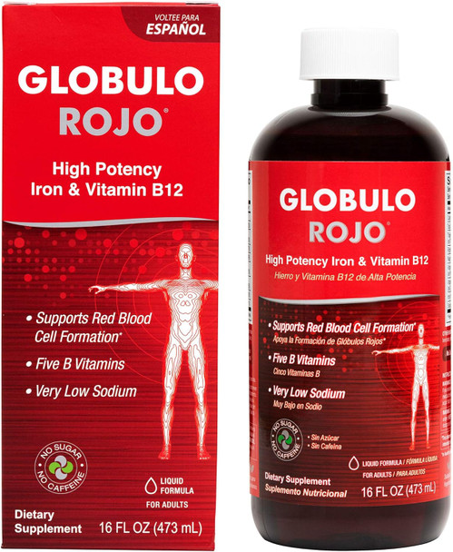 Globulo Rojo Iron Supplement - Liquid Dietary Supplement With High Potency Iron & B Vitamins (Vegan), 16 Fl Oz (473 Ml)
