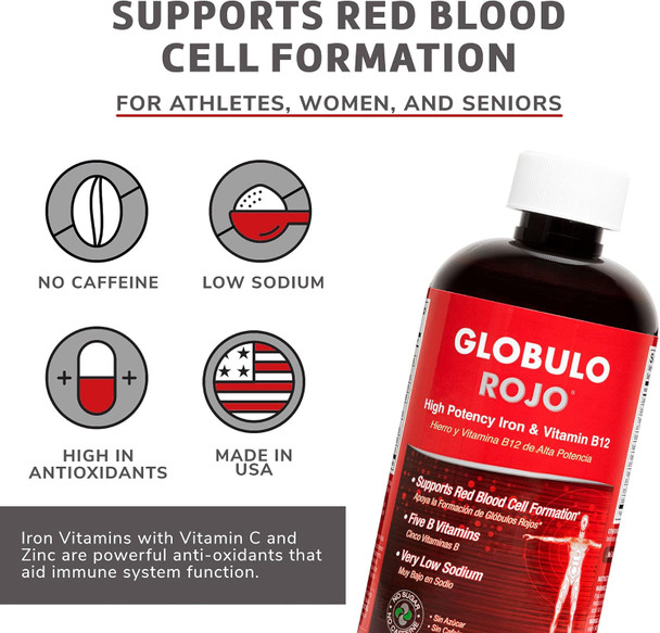 Globulo Rojo Iron Supplement - Liquid Dietary Supplement With High Potency Iron & B Vitamins (Vegan), 16 Fl Oz (473 Ml)