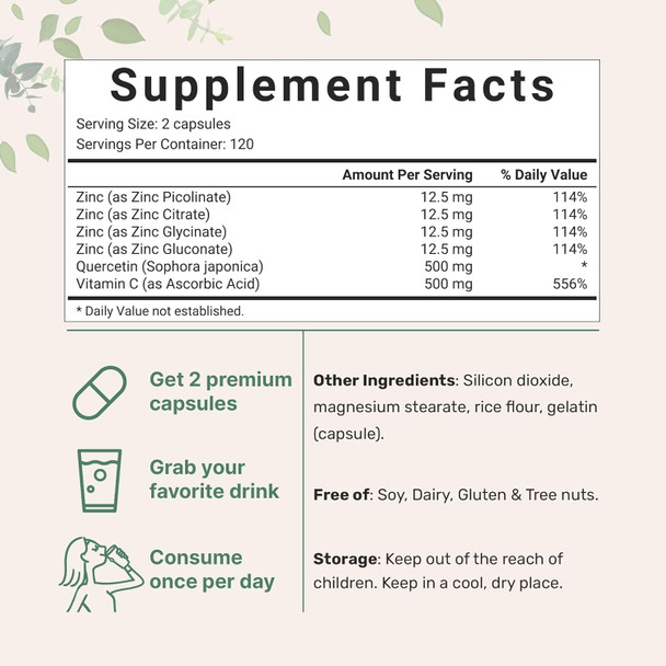 Micro Ingredients Quercetin With Vitamin C And Zinc, 240 Capsules  Quercetin 500Mg, Vitamin C 500Mg, Zinc 50Mg (Picolinate, Citrate, Glycinate, Gluconate)  Complete Immune Support Supplements