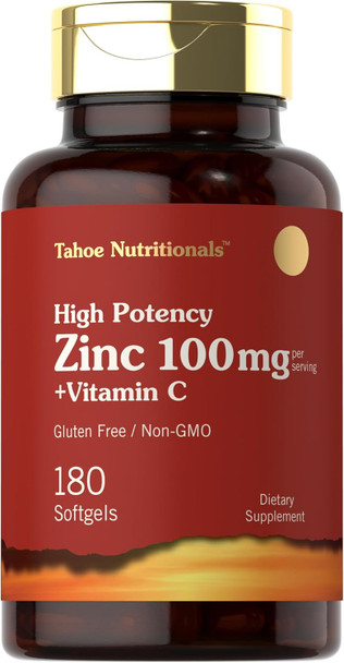 Carlyle Zinc Supplement 100Mg With Vitamin C  180 Softgels  Non-Gmo, Gluten  Tahoe Nutritionals