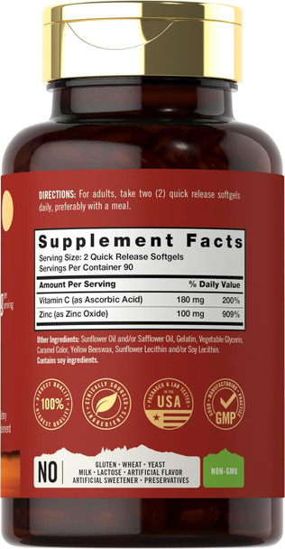 Carlyle Zinc Supplement 100Mg With Vitamin C  180 Softgels  Non-Gmo, Gluten  Tahoe Nutritionals