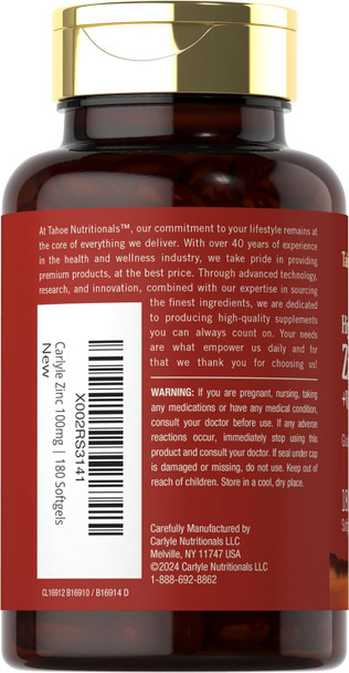 Carlyle Zinc Supplement 100Mg With Vitamin C  180 Softgels  Non-Gmo, Gluten  Tahoe Nutritionals