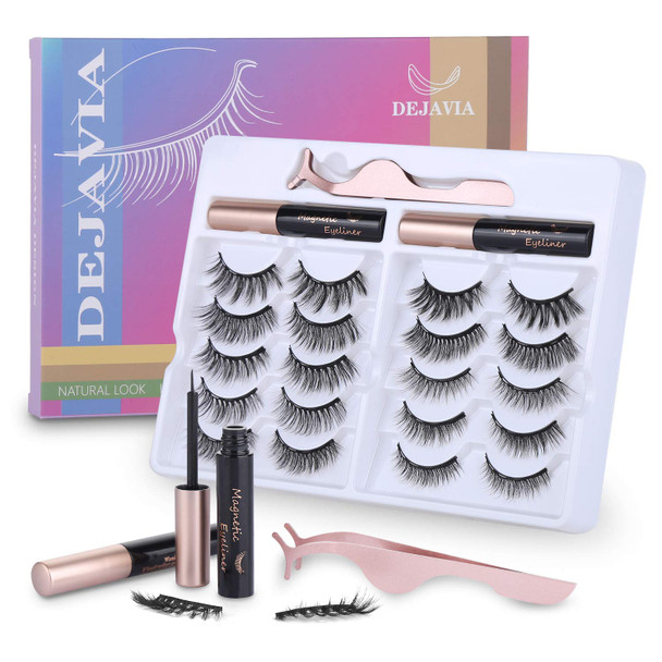 Magnetic Eyelashes With Eyeliner Kit- 10 Pairs Premium 3D Natural Look Reusable Eyelashes With Tweezers Applicator, Strong Magnetic Eyeliner And Lashes Set By Dejavia, No Glue Needed