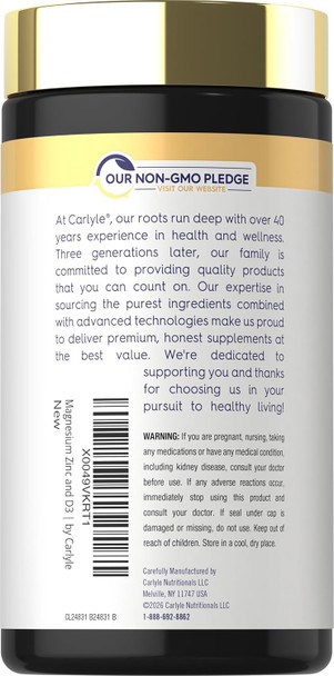 Carlyle Magnesium Zinc And Vitamin D3  90 Capsules  3-In-1 Advanced Formula  Vegetarian Non-Gmo And Gluten Free