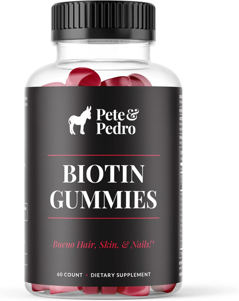 Pete & Pedro Biotin Gummies - Daily Hair Growth Strengthening Supplement For Stronger Hair, Skin, & Nails  Cherry Flavor Biotin Gummy 5000Mcg Per Serving  As Seen On Shark Tank, 60 Count