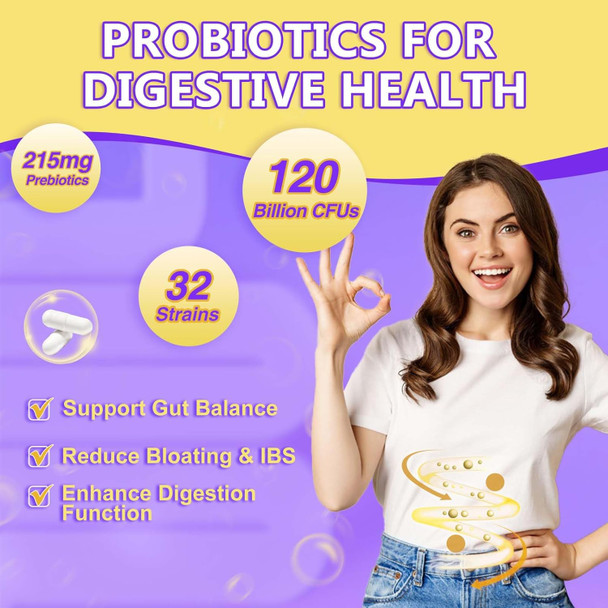 Probiotics For Women & Men Digestive Health，120 Billion Cfus, Prebiotics And Probiotics For Gut Health, D3, Zinc & Immune Support Herbs, Detox Cleanse, 45 Day - 3 Month Supply