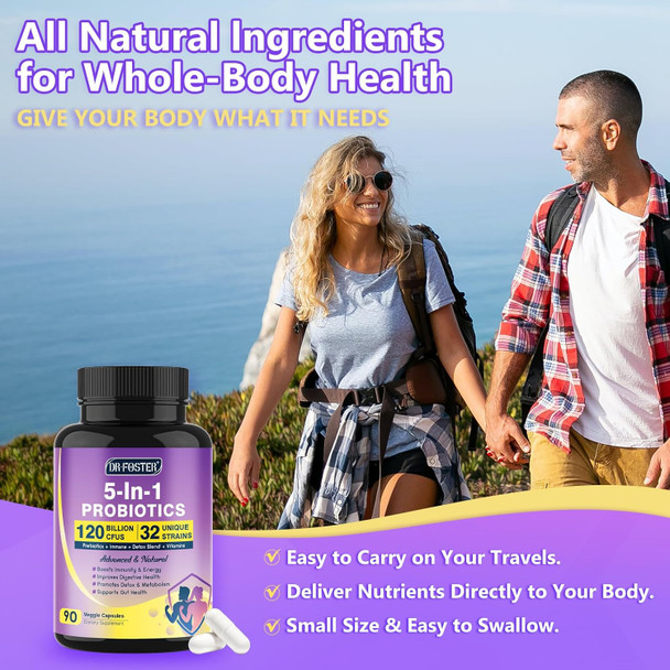 Probiotics For Women & Men Digestive Health，120 Billion Cfus, Prebiotics And Probiotics For Gut Health, D3, Zinc & Immune Support Herbs, Detox Cleanse, 45 Day - 3 Month Supply