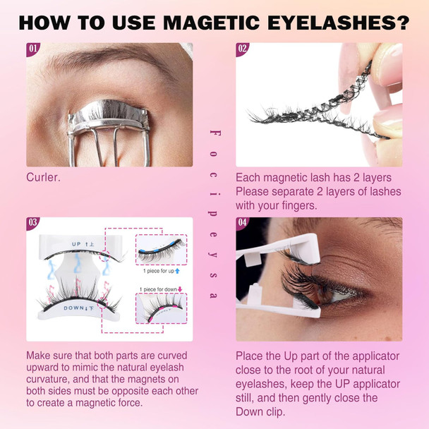 Focipeysa Magnetic Eyelashes Kit With Applicator Manga Magnetic Lashes Natural Look, Cat Eye Magnetic Eyelash, No Glue No Eyeliner Needed Easy To Wear And Remove Reusable Magnetic Strip Lash