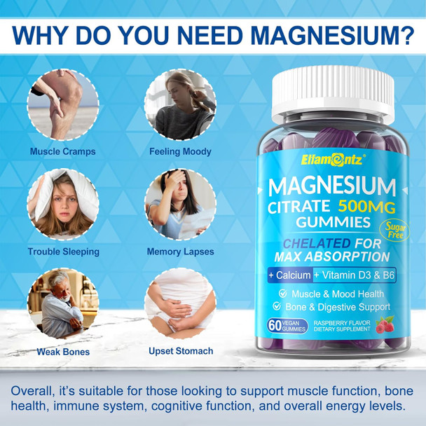 Magnesium Citrate Gummies 500Mg For Women Men Sugar-Free, Chelated Magnesium Calm Gummies With B6 For Mood, Constipation  Calcium Magnesium Zinc D3 Supplement Gummy For Bone & Muscle Support- Vegan