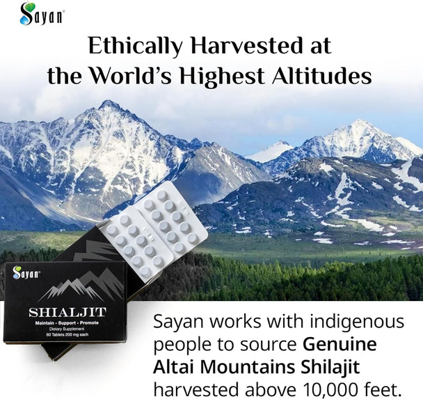 Sayan Shilajit Pure Organic Black Resin Mineral Tablets - Premium Quality Supplement Drops For Men And Women (60 Tablets, 1-2 Month Supply) For Immune Support, Natural Detox, And Energy Boost