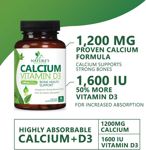 Calcium 1200 Mg With Vitamin D3, Calcium Supplement Vitamins, Supports Bone Strength, Teeth & Immune System, Calcium Supplements For Women & Men, Nature'S Absorbable Calcium Carbonate - 60 Tablets