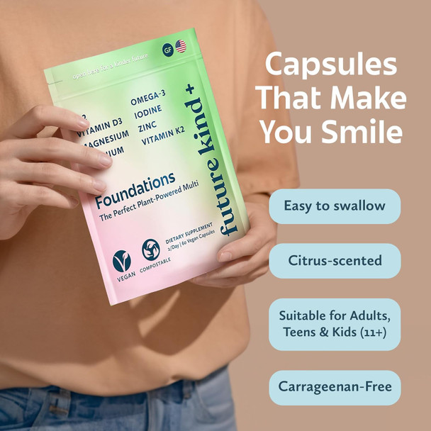 Future Kind Carrageenan-Foundations Multivitamin: Vegan Multivitamins For Women & Men- Plant Based Multivitamin, Omega-3, B12, D3, Zinc, Iodine, Magnesium, K2 & Selenium- Compostable Bag