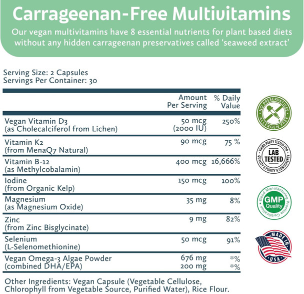 Future Kind Carrageenan-Foundations Multivitamin: Vegan Multivitamins For Women & Men- Plant Based Multivitamin, Omega-3, B12, D3, Zinc, Iodine, Magnesium, K2 & Selenium- Compostable Bag
