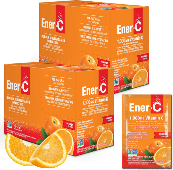 Ener-C Orange Multivitamin Drink Mix Powder Vitamin C 1000Mg & Electrolytes With Real Fruit Juice Natural Energy & Immune Support For Women & Men - Non-Gmo Vegan & Gluten - 60 Count