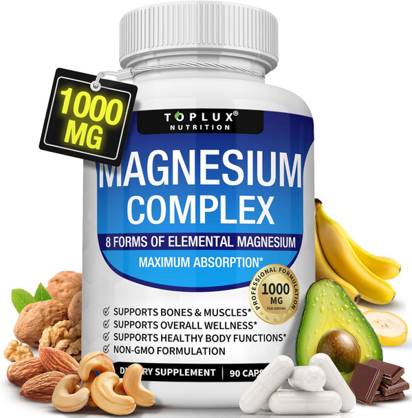Magnesium Complex Supplement 8 Elemental Magnesium 1000Mg - Magnesium Glycinate, Citrate, Malate, Taurate, Chelated For Easy Absorption For Bones, Muscle, Recovery, Energy, Vegan Non-Gmo 90 Capsules