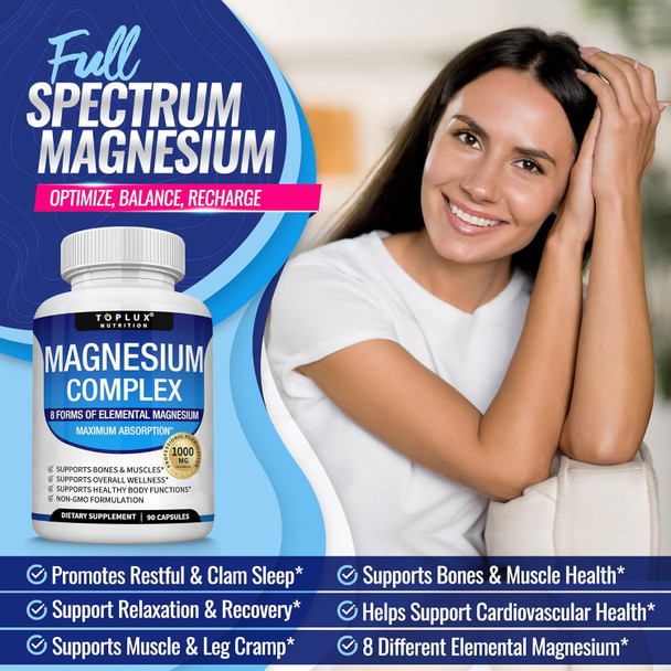 Magnesium Complex Supplement 8 Elemental Magnesium 1000Mg - Magnesium Glycinate, Citrate, Malate, Taurate, Chelated For Easy Absorption For Bones, Muscle, Recovery, Energy, Vegan Non-Gmo 90 Capsules