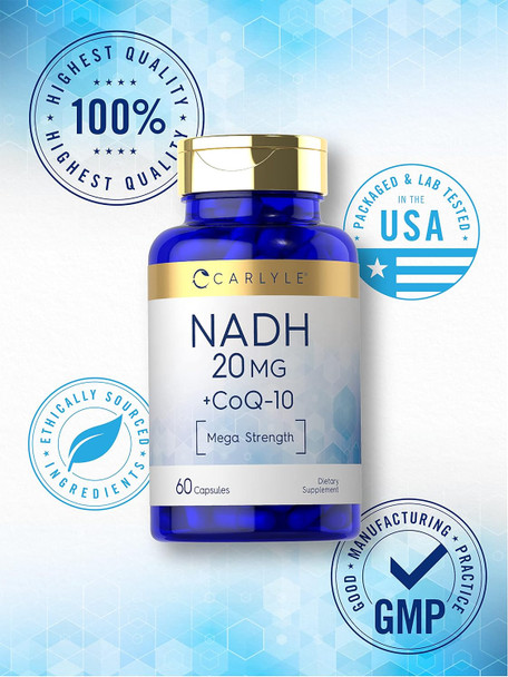 Carlyle Nadh Supplement 20Mg  With Coq10  60 Capsules  Mega Strength  Non-Gmo, Gluten Free