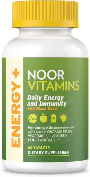 Noor Vitamins Energy+ Multivitamin Halal Vitamin For Energy Production & Immunity, 26 Vitamins & Minerals, Black Seed, Dates, Honey, For Men & Women. Gelatin Free, 2 Month Supply