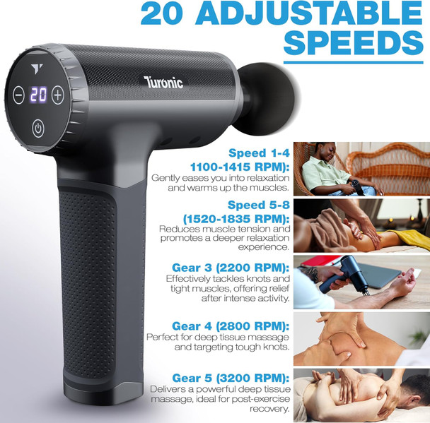 Turonic Gm5 Handheld Massage Gun - Deep Tissue Percussion Massager For Muscle Relaxation, 20 Speeds, 7 Heads, Easy-To-Use, Quiet And Powerful For Athletes Personal Use, Shoulder, Leg, Foot, Back, Body