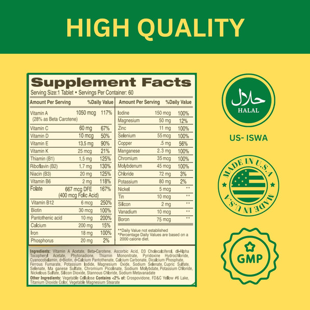 Greenfield Nutritions Halal Multivitamins For Women And Men - 60 Gelatin Multivitamin Tablets With 27+ Vitamin Minerals, A, B12, C, D3, Iron And Zinc - Supports Immunity Bone And Overall Health