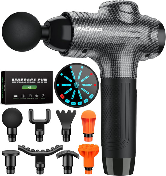 Raemao Massage Gun, Massage Gun Deep Tissue, Back Massage Gun For Athletes For Pain Relief Attaching 8 Pcs Replacement Heads, Percussion Massager With 10 Speeds & Led Screen, Carbon
