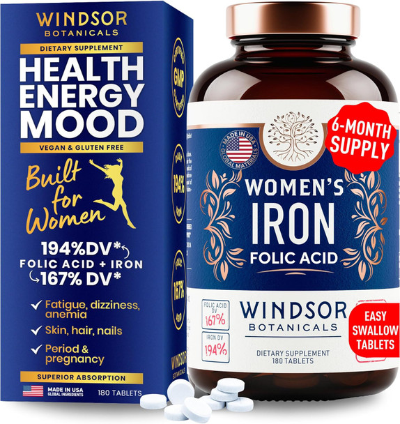 Iron Supplement For Women With Folic Acid - 35Mg Gentle Iron, 667Mcg Folate Vitamin B9 - Anemia, Period, Pregnancy Support Prenatal Iron Supplements Ferrous Sulfate Pills - 180 Vegan Iron Tablets