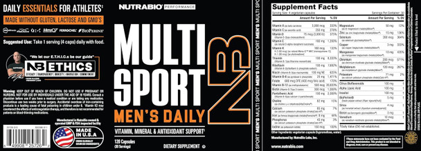 Nutrabio Multisport For Men - Mens Multivitamin - 33 Vitamins, Minerals, Micronutrients - Rich In Antioxidants - Supports Peak Athletic Performance, Energy, Metabolism (120 Vegetable Capsules)