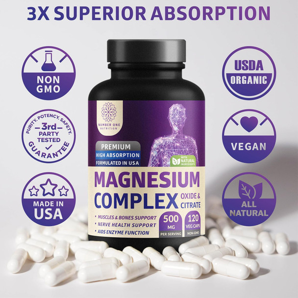 N1N Premium Magnesium Complex - High Absorption Magnesium Supplement For Women And Men To Support Regularity And Bone Health- 120 Veggie Capsules