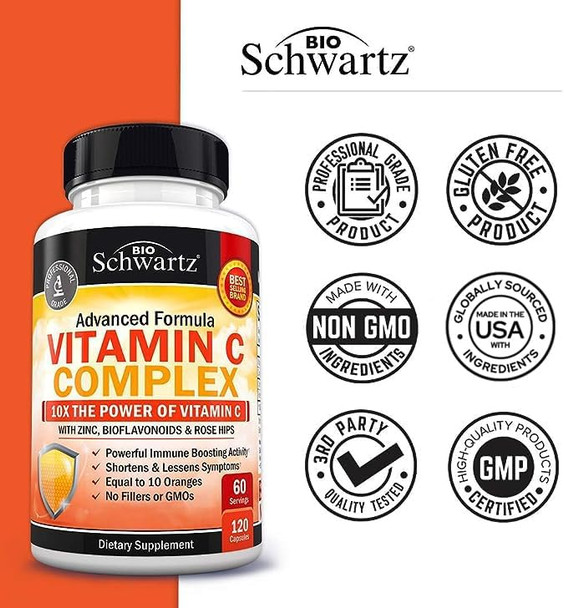 Vitamin C Complex Supplement - Vitamin C 1000Mg Capsules With Rose Hips Zinc And Citrus Bioflavonoids (60 Day Supply) - Supports Immune Health, Cellular Energy, Collagen Production, 120 Count