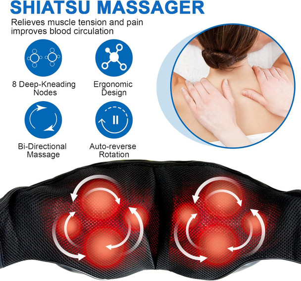Neck And Shoulder Massager With Heat Shiatsu Back Massage Pillow With 3D Deep Tissue Kneading For Foot, Legs, Body Muscle - Use At Home, Office & Car