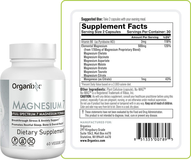 Organixx Magnesium Glycinate Supplement For Support Sleep, Muscle & Heart Health, 7 Type Magnesium Complex With Vitamin B6, Manganese Citrate, Gluten Free, Vegan, Non Gmo, High Absorption, 60 Capsules