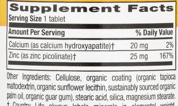 Country Life Zinc Picolinate 25 Mg - Superior Absorption Zinc Supplement For Immune Support, Prostate Health & Cellular Wellness - Certified Gluten-Free, Vegan & Halal, Non-Gmo - 100 Tablets