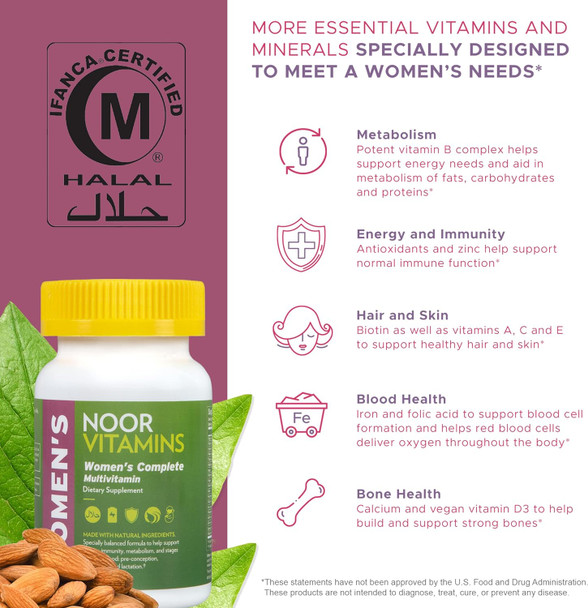Noor Vitamins Halal Womens Multivitamin & Mineral I Once Daily Vitamin Supplement I Vegan  Supports Energy, Immunity, Metabolism, Healthy Appearance And Stages Of Motherhood I 2-Month Supply