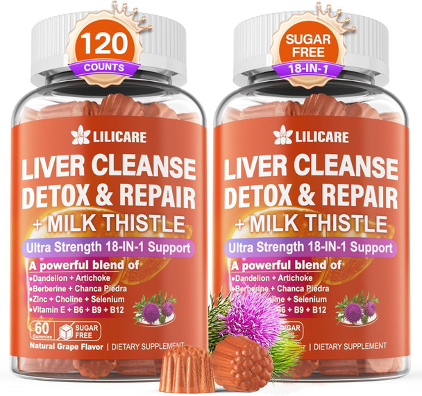Liver Cleanse Detox & Repair Gummies With Milk Thistle 1500Mg, 18-In-1 Liver Health Supplement With Berberine, Turmeric, Artichoke, Dandelion, Chanca Piedra, Vitamins B6 B9 B12, Sugar (Pack Of 2)