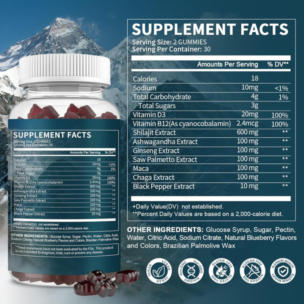 Himalayan Shilajit Gummies With 85+ Trace Minerals & Fulvic Acid For Energy, Immune, Cognitive Support High Potency Pure Natural Shilajit Supplement For Men & Women 60 Gummies
