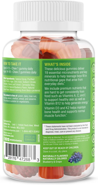 Suku Vitamins Teen Boy Multivitamin – Sugar Vegetarian Gummy Supplement For Teen Boys 19 Essential Nutrients Strengthens Bones Muscles Enhances Energy Health – Blueberry Grape Flavor (60 Count)