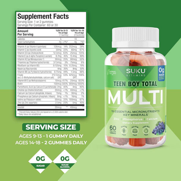 Suku Vitamins Teen Boy Multivitamin – Sugar Vegetarian Gummy Supplement For Teen Boys 19 Essential Nutrients Strengthens Bones Muscles Enhances Energy Health – Blueberry Grape Flavor (60 Count)