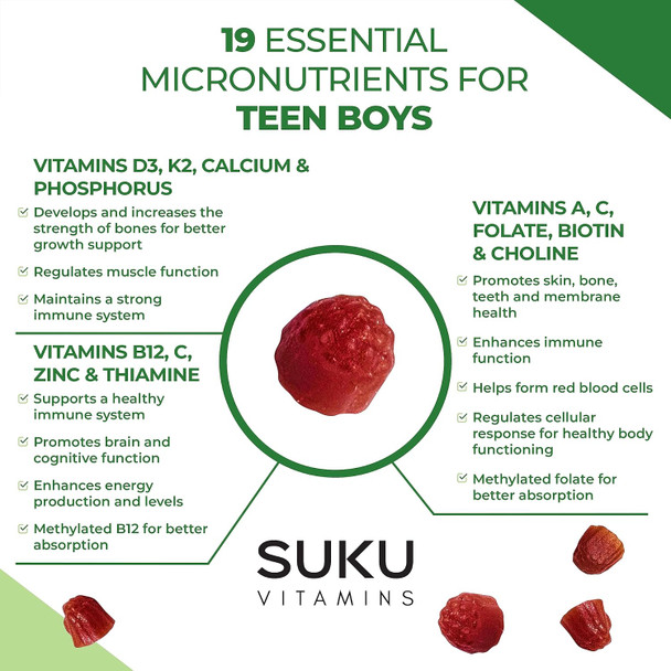 Suku Vitamins Teen Boy Multivitamin – Sugar Vegetarian Gummy Supplement For Teen Boys 19 Essential Nutrients Strengthens Bones Muscles Enhances Energy Health – Blueberry Grape Flavor (60 Count)