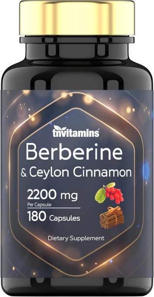 Berberine With Ceylon Cinnamon: 2200 Mg Per Capsule - 180 Capsules  Natural Berberine Supplement For Weight Management, Cariovasular & Circulatory System Health  6 Month Supply